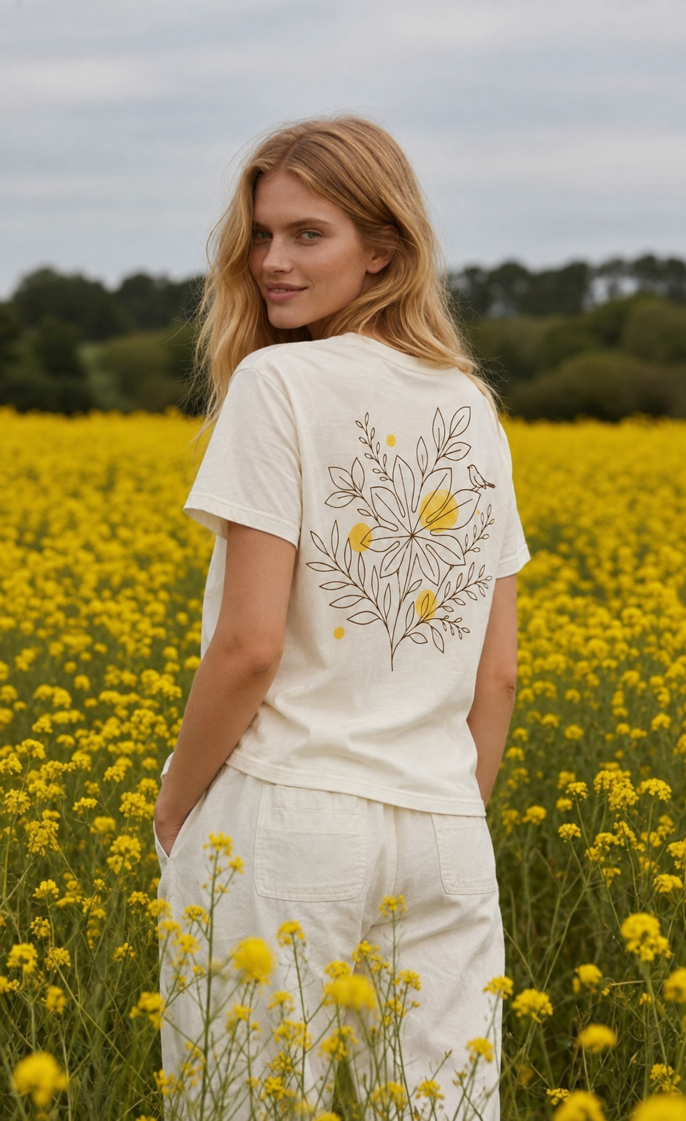 Mulher de costas em campo de flores com a camisa Florescendo